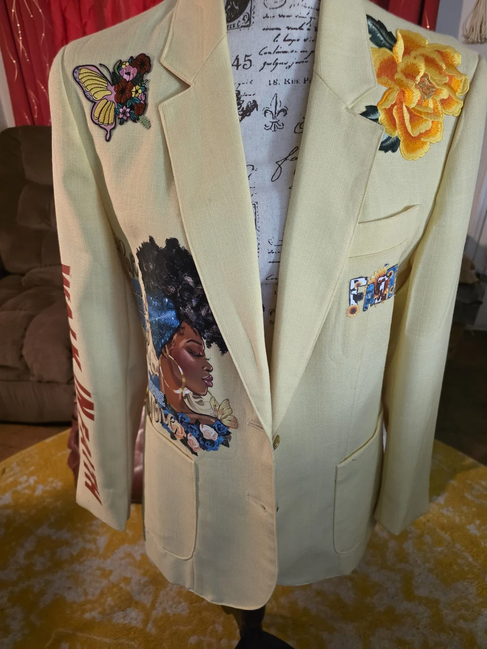 Yellow Embroidered Floral & Portrait Blazer - Women-Inspired Men’s Blazer
